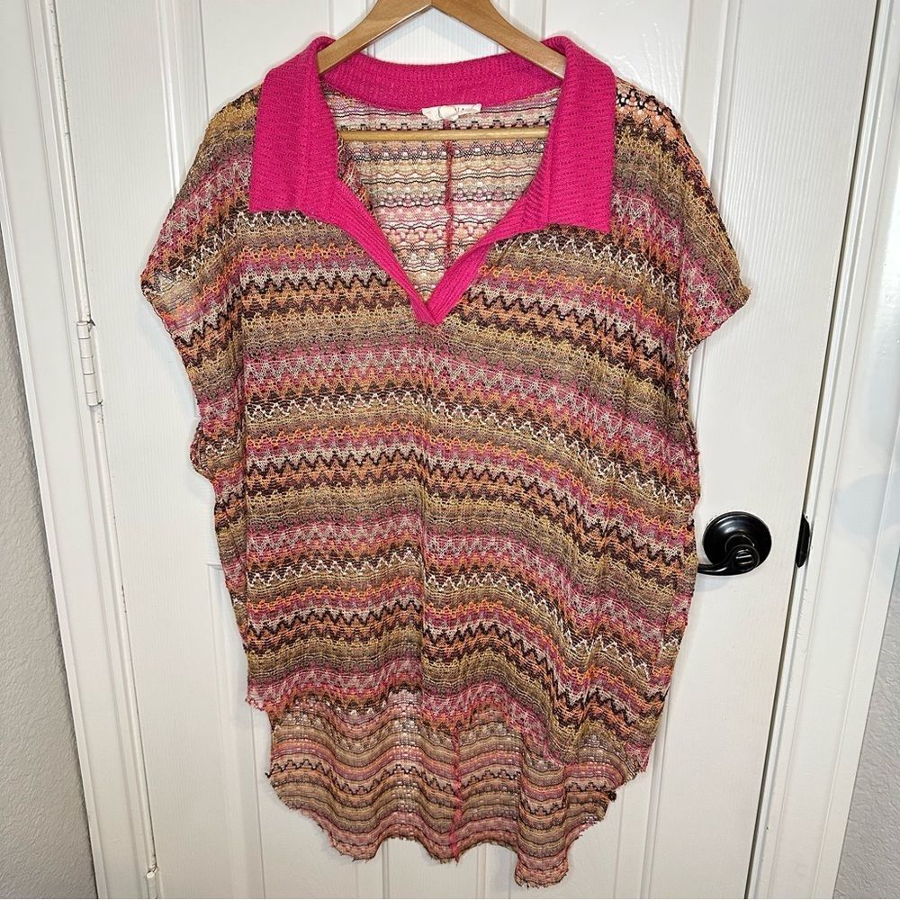 Oli & Hali Pink Brown Orange Chevron Open Knit Popover Oversized Blouse XL Boho